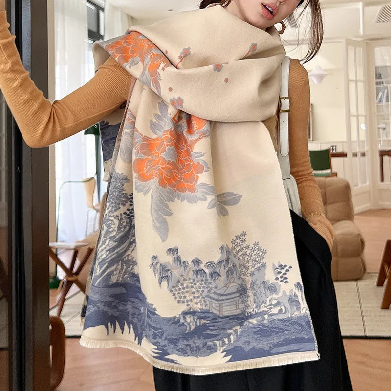 New Fashion Autumn Winter Thick Warm Scarf for Women Double Side Cashmere Feeling Flower Pattern Blanket Scarves Pashmina Shawls