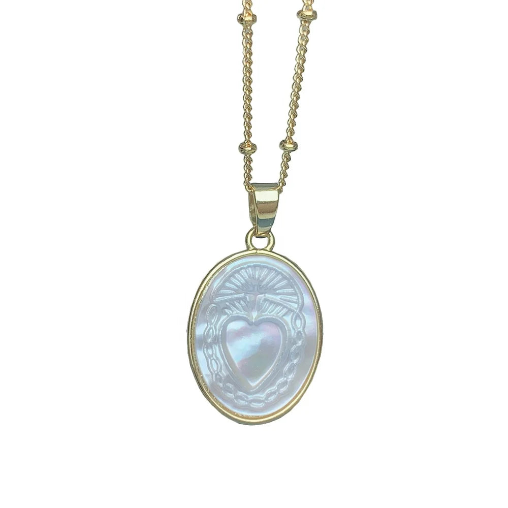 Wholesale Custom White Sea Shell Oval Sacred Heart Pendant Necklace for Women 2021 Jewelry