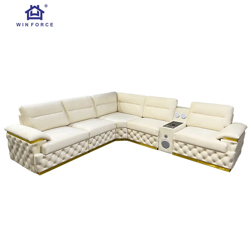 Winforce New Modular L-Shape Sectional Sofa Leather Functional Sofa With Wireless Charger and Speaker Living Room Furniture Set