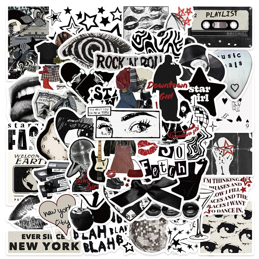 50Pcs Fashion Black White City Pop Graffiti Stickers for Luggage Laptop Decor Retro Disco Sticker