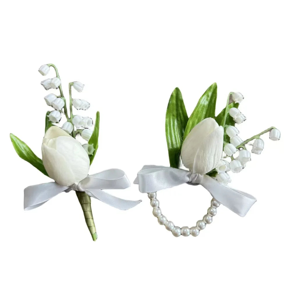 Artificial Corsage Aisle Wedding Tulip Lily of the Valley Accessory Flowers Groom Bridesmaid Formal Party Wedding Floral Decor
