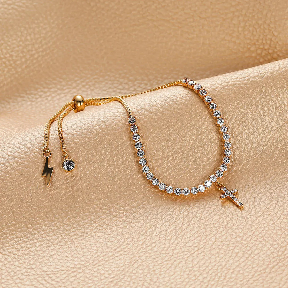 Trendy 14K Gold Plated Brass Tennis Chain Bracelet Men's & Women's Diamond CZ Cross Bracelet for Gifts & Parties