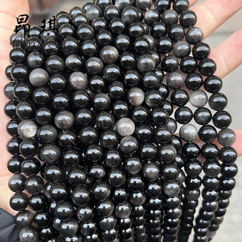 Natural Silver Sheen Black Obsidian Stone 6mm/8mm/10mm/12mm Round Smooth Black Obsidian Beads for Bracelet Making