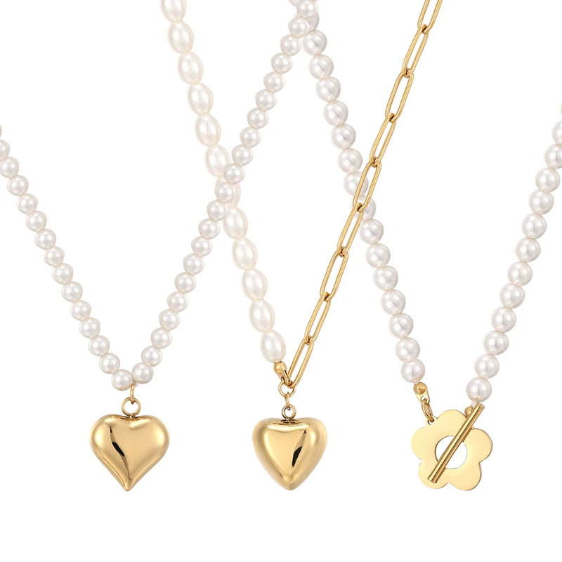 Fashion Jewelry 18K Gold Plated Stainless Steel Heart Charm Pendant Luxury Shell Pearl Necklaces for Women