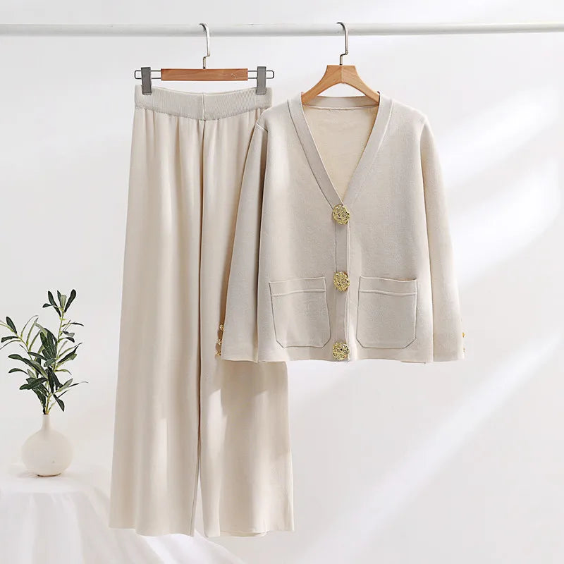 Wholesale 2026 Autumn/Winter Fashion Comfort Set Slimming Contrast Color Sweater Wide Leg Pants Knitted Women's Sets