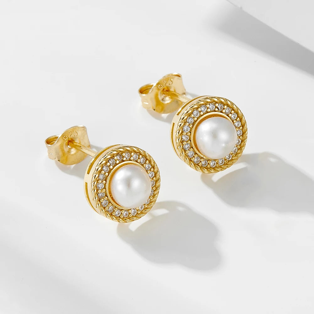 Fashion Vintage Pearl Earrings Star Compass Zircon Circle Elegant S925 Sterling Silver Stud Earrings Delicate for Women