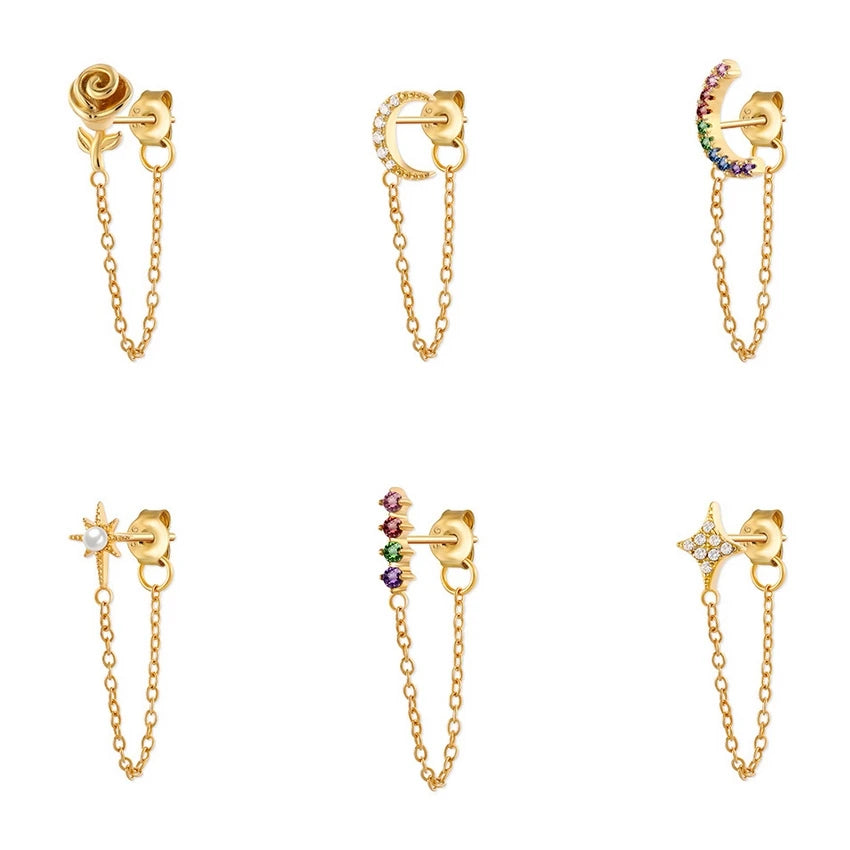 Minimalist Jewelry 925 Sterling Silver Small Cute CZ Stone Zircon Moon Star Stud Chain Link Hoops Gold Long Chain Hoop Earrings