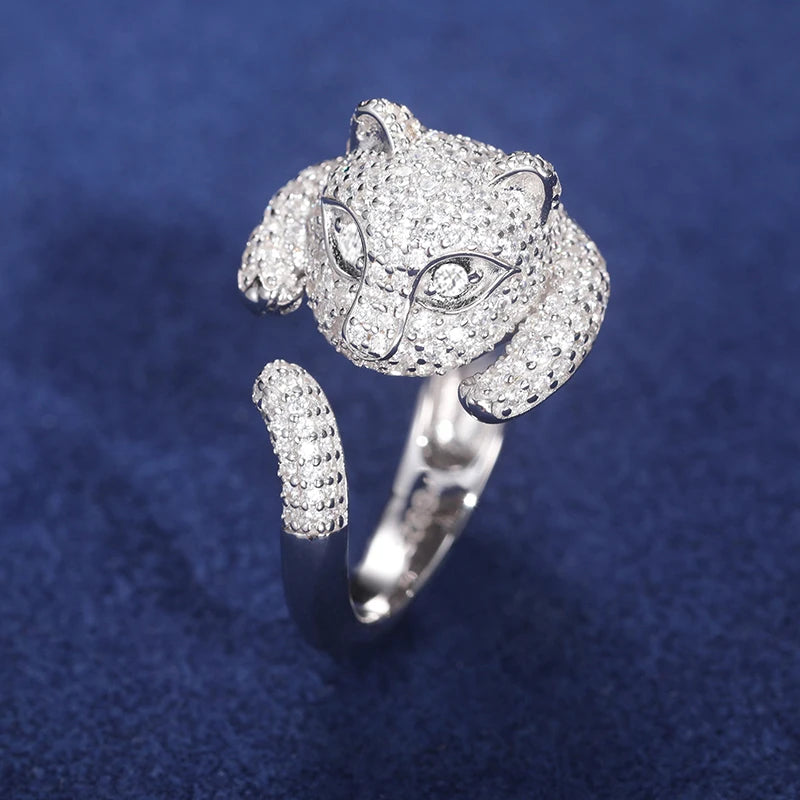 New Arrivals Unisex Couple Wedding Jewelry Adjustable White Gold Moissanite Exaggerated Personality Leopard Head Animal Ring