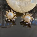 Aimgal Fine Jewelry S925 Silver & 18K Gold Plated Vintage Floral Design with 5A Zircon & Freshwater Pearl Stud Earrings