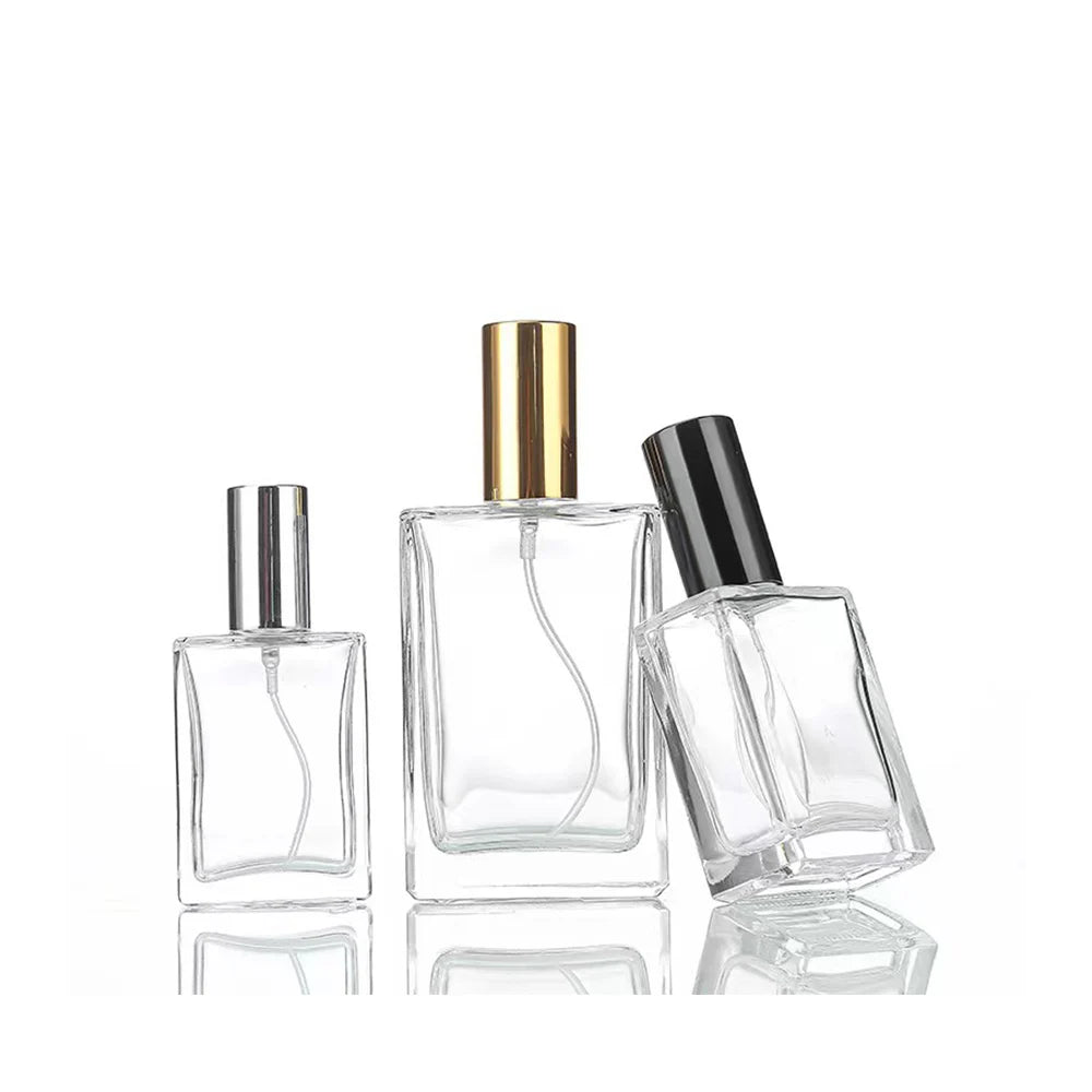 Beautiful square 30ml Glass Bottle with Dropper 50ml Perfume Cosmetic Packaging Flat 100ml Empty Bottle with Pump