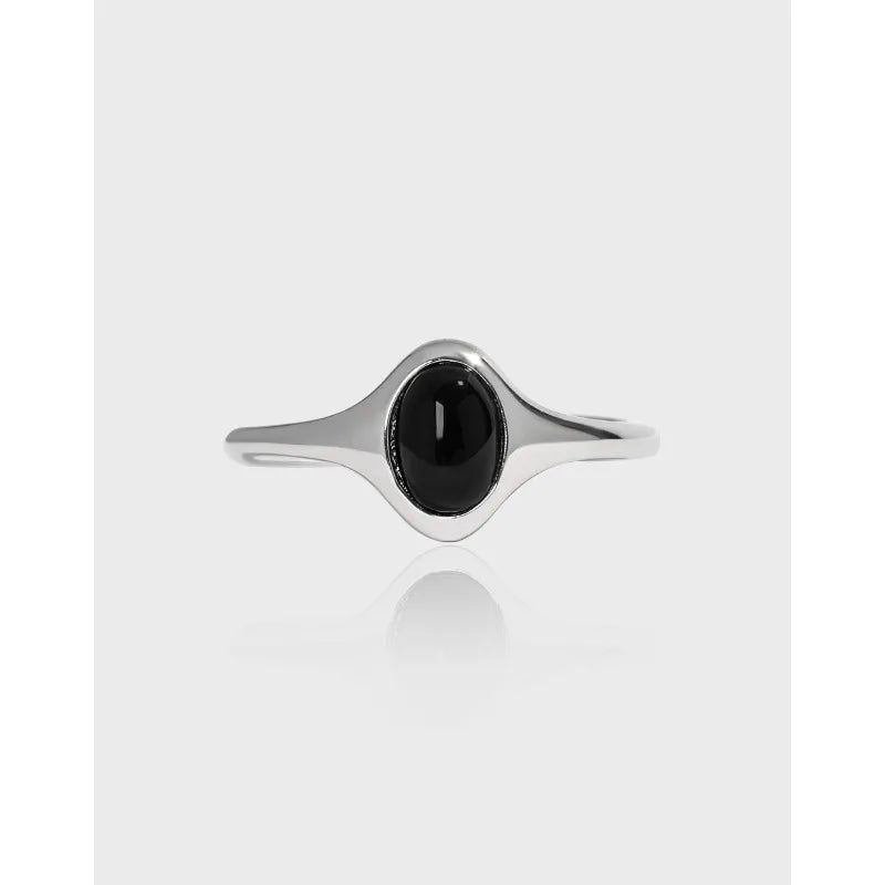 925 Sterling Silver Oval Black Agate Gemstone Ring Opening Geometric Adjustable Ring Cool Personal Women Rings for Girls Gift