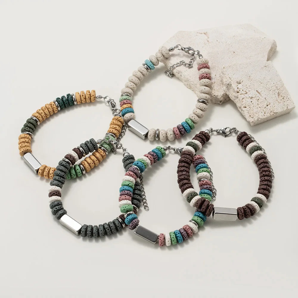 Colorful Volcanic Lava Stone Perfume Diffusion Beads Bracelet Silver Spacer Bead Adjustable Chain Lava Bracelet Jewelry