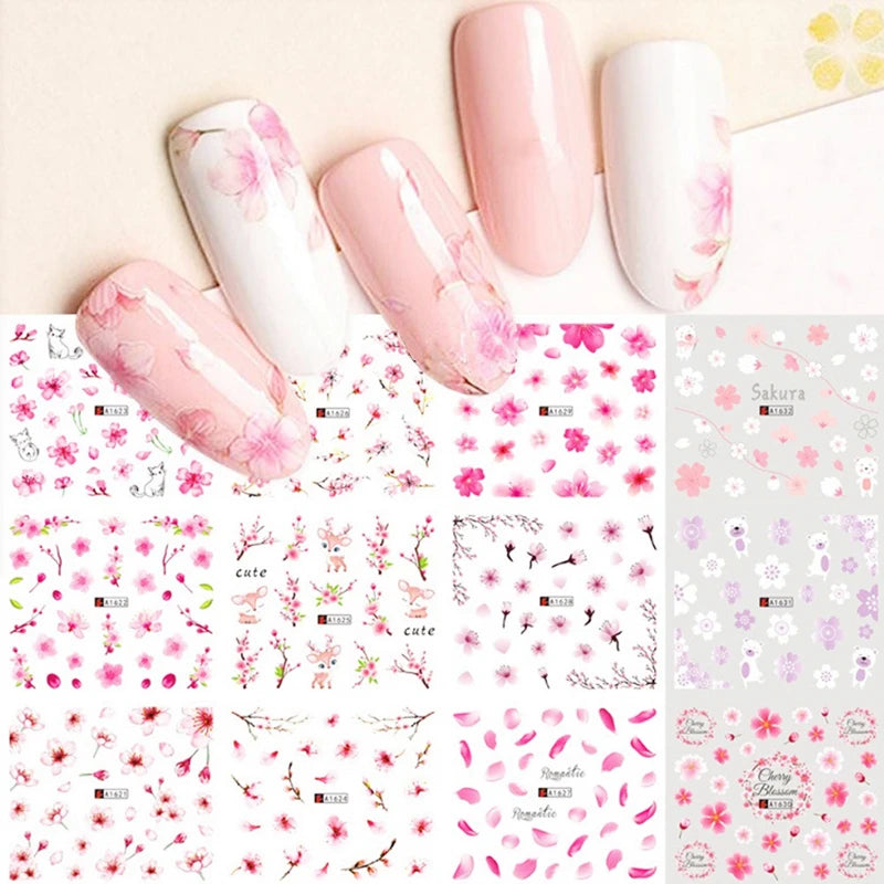 Flowers Nail Water Stickers DecalsPink Cherry Blossoms Tree with Leaves Nail Art Sliders Summerfor Nail Art Decoration