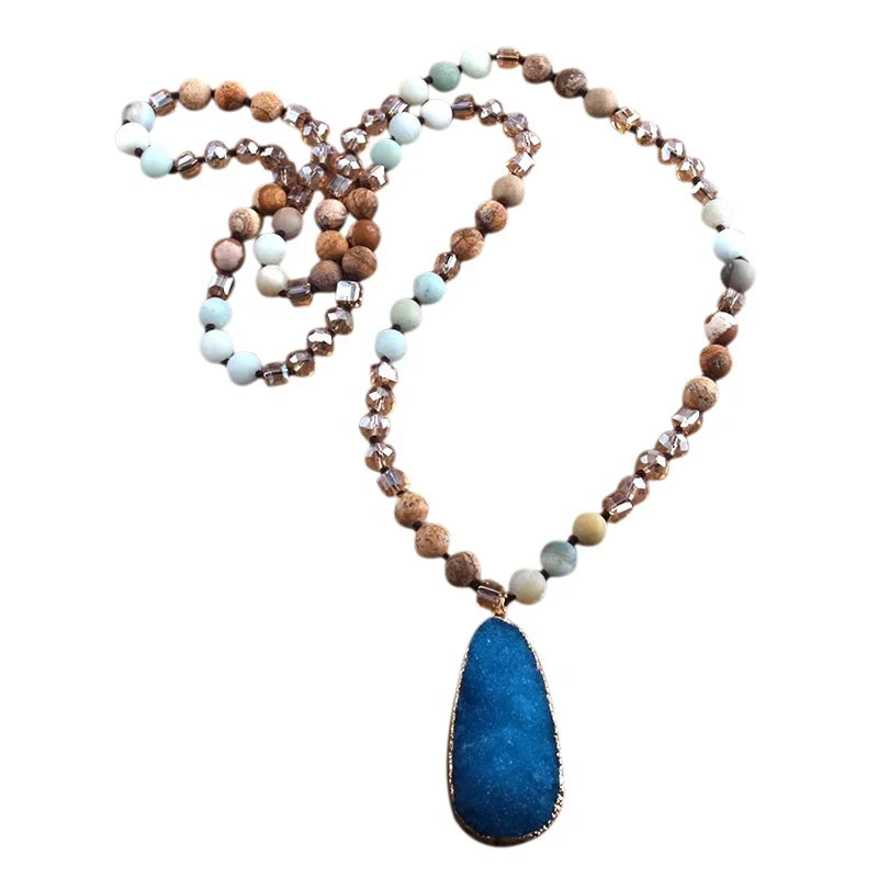 Fashion Boho Jewelry Women Gift Natural Stone Crystal Glass Beads Necklace Pic jasper Druzy Pendant Necklaces MegaBDM