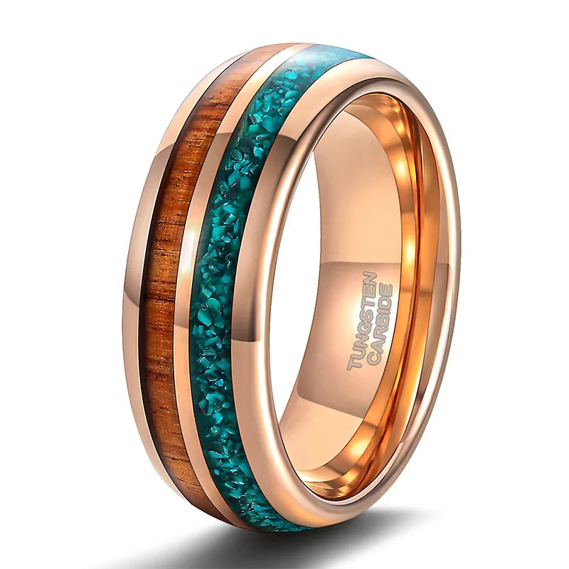 POYA 8mm Malachite Hawaiian Koa Wood Inlay Tungsten Rose Gold Plated Dome Ring for Men