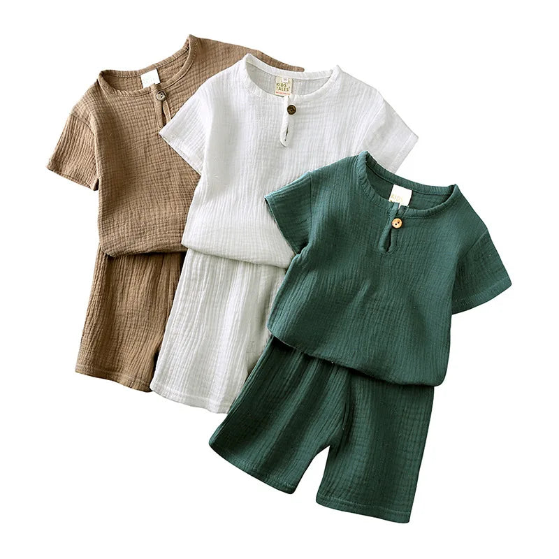 New Arrival Summer Children T-Shirt and Shorts Pants Thin Two-Piece Set Kid Cotton Comfortable Sets Baby Pure Color Button Sets