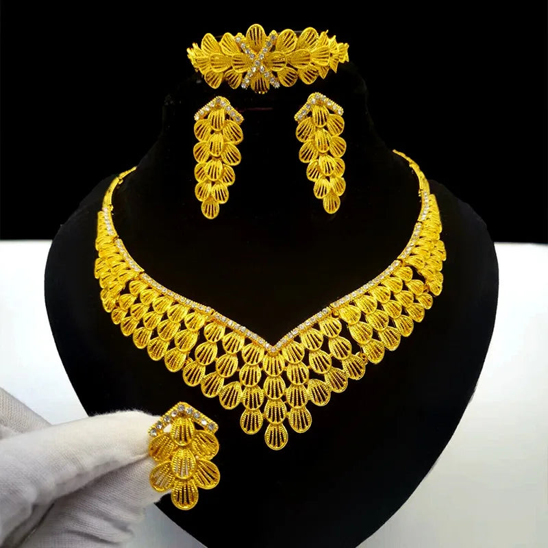 Jachon Gold Bridal Indian Bridal Set Fashion Gold Heavy Flower Jewelry Sets Bridal Dubai Jewelry Set