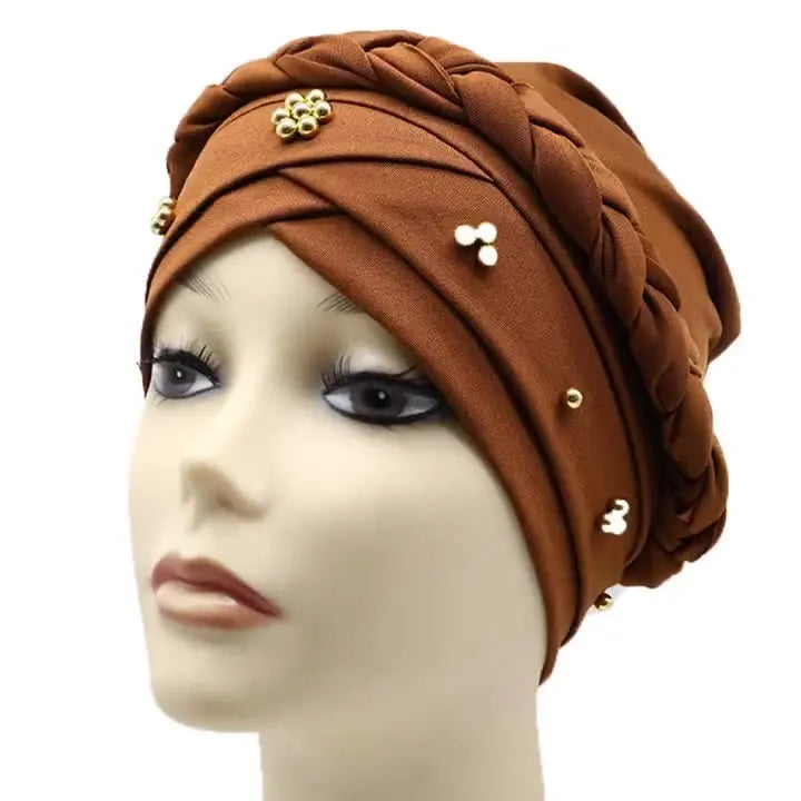 New Sleep Turban Chemo Beanie Elastic Solid Pearl Braid Knot Hijab Cap Women Muslim Hijab Head Cap Turban Hat With Pearl