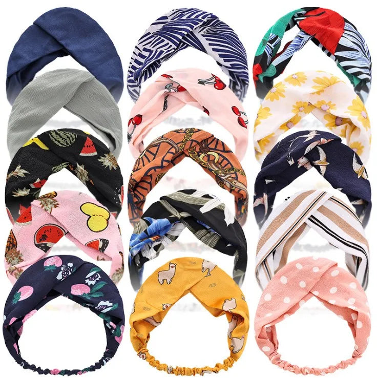 Women's Fashionable Vintage Elastic Knot Headband Multicolor Chiffon Style Wide Stretch Yoga Headband for Fall and Summer
