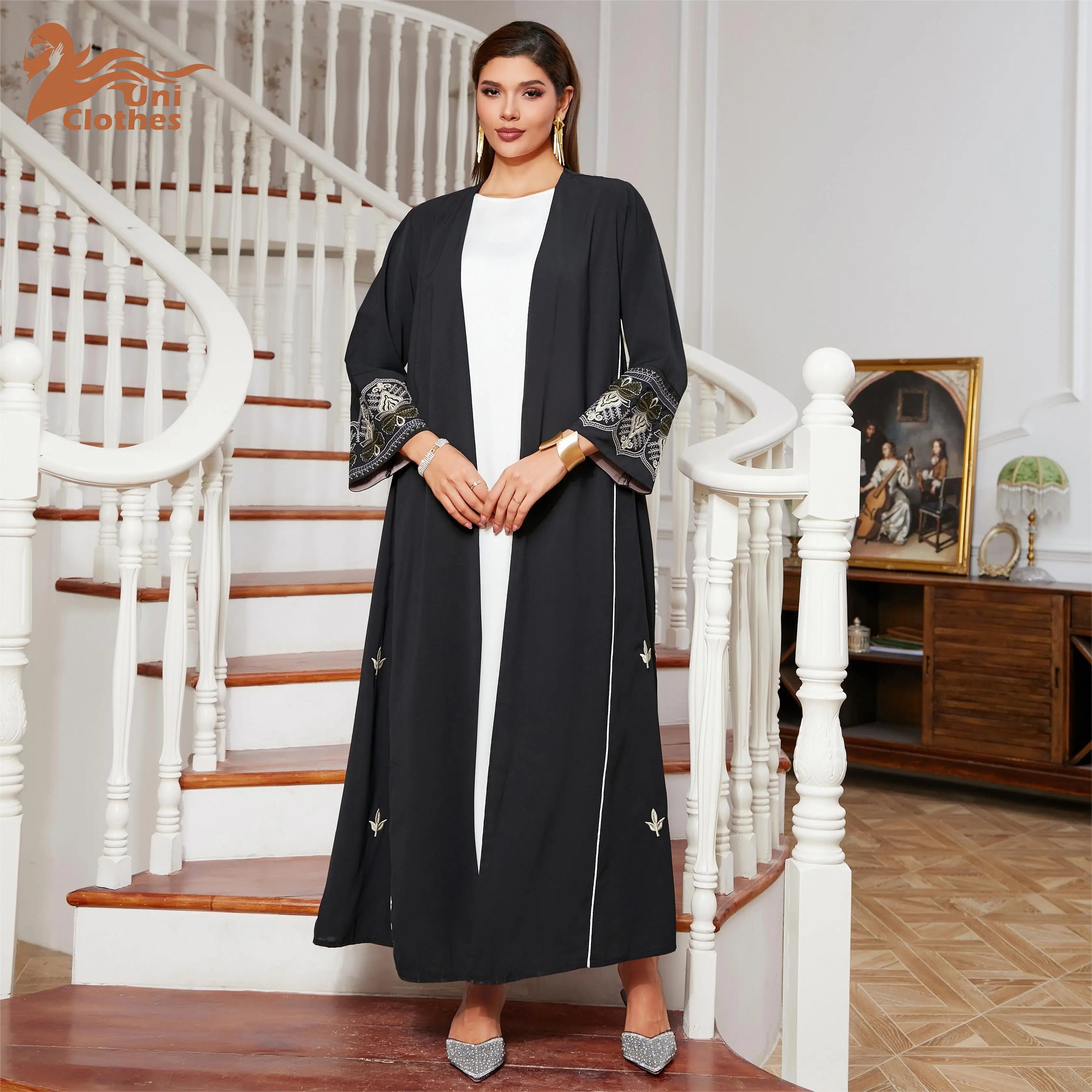 Dubai Turkish Embroidery Open Kimono Abayas Muslim Women Ramadan Eid Islamic Clothing Saudi Black Abaya