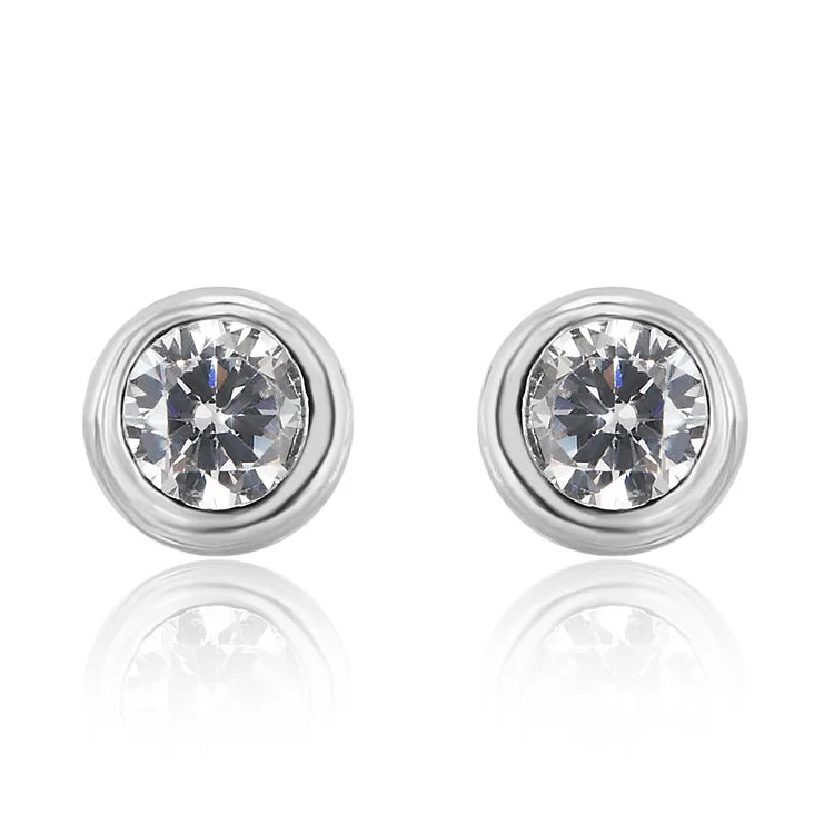 Simple Design  AAA Cubic Zirconia Rhodium Plating Bezel Setting Plain 925 Sterling Silver Earring
