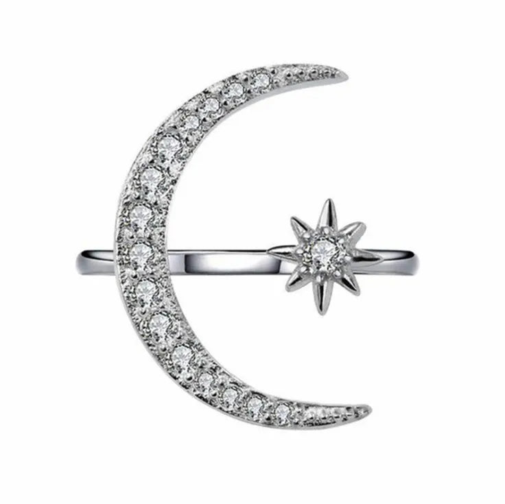 Trendy Jewelry Solid Silver Crescent Moon and Star 925 Sterling Silver Ring
