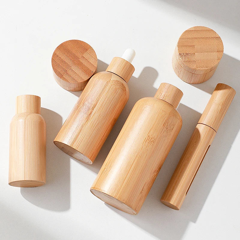 Luxury 30ml 50ml 100ml Eco-Friendly Glass Bamboo Bottle Bamboo Cap for Essential Oil Hair Oil Mascara Wig Cosmetics Packaging