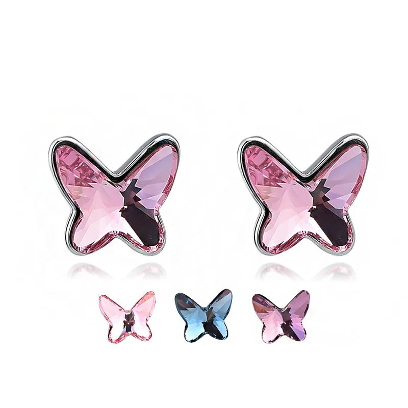 Fine 925 sterling silver crystal butterfly women fashion luxury cute small butterfly stud earrings