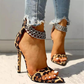 Summer Large Size Ladies High Heel Sandals Women New Trendy Leopard Print Ankle Ring Chain Women's Shoes High Heels