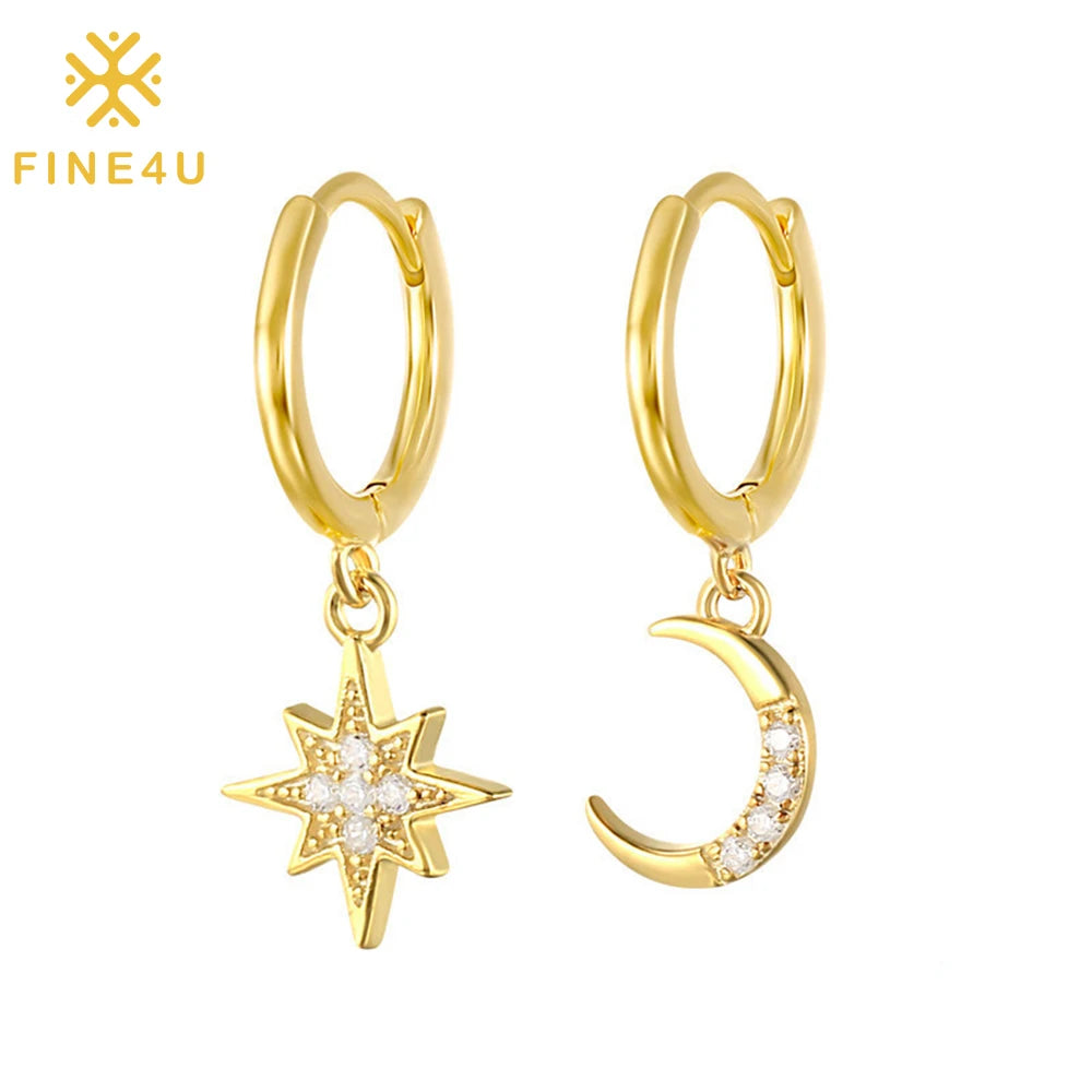 Fashion Jewelry Women Brass Gold Plated Cz Dangle Celestial Crescent Moon Star Drop Earrings