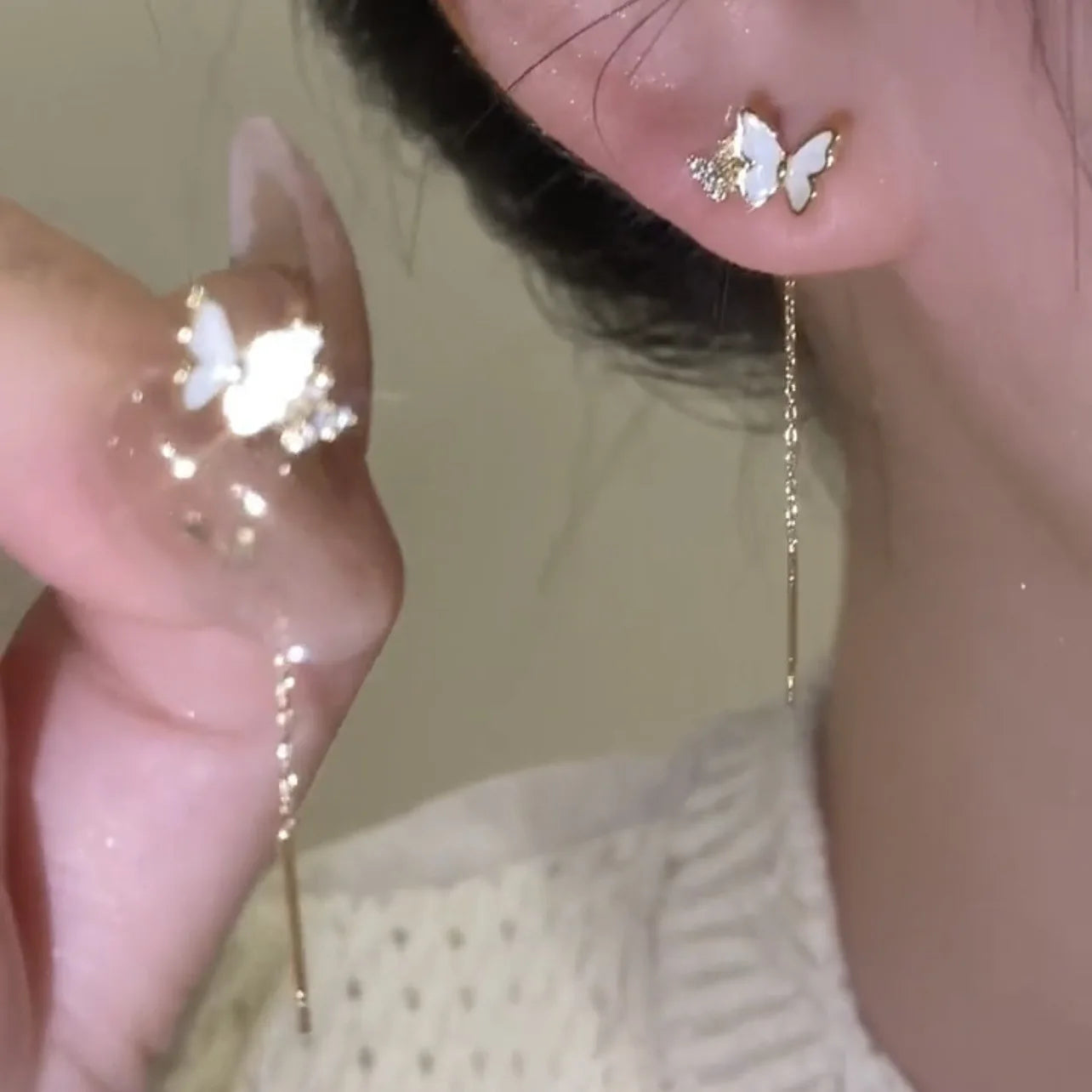 Korean Fashion Minimalist Gold Plated Ear Line Micro-set Zircon Oil Drop Butterfly Ear Wire S925 Silver Needle Tassel Earring