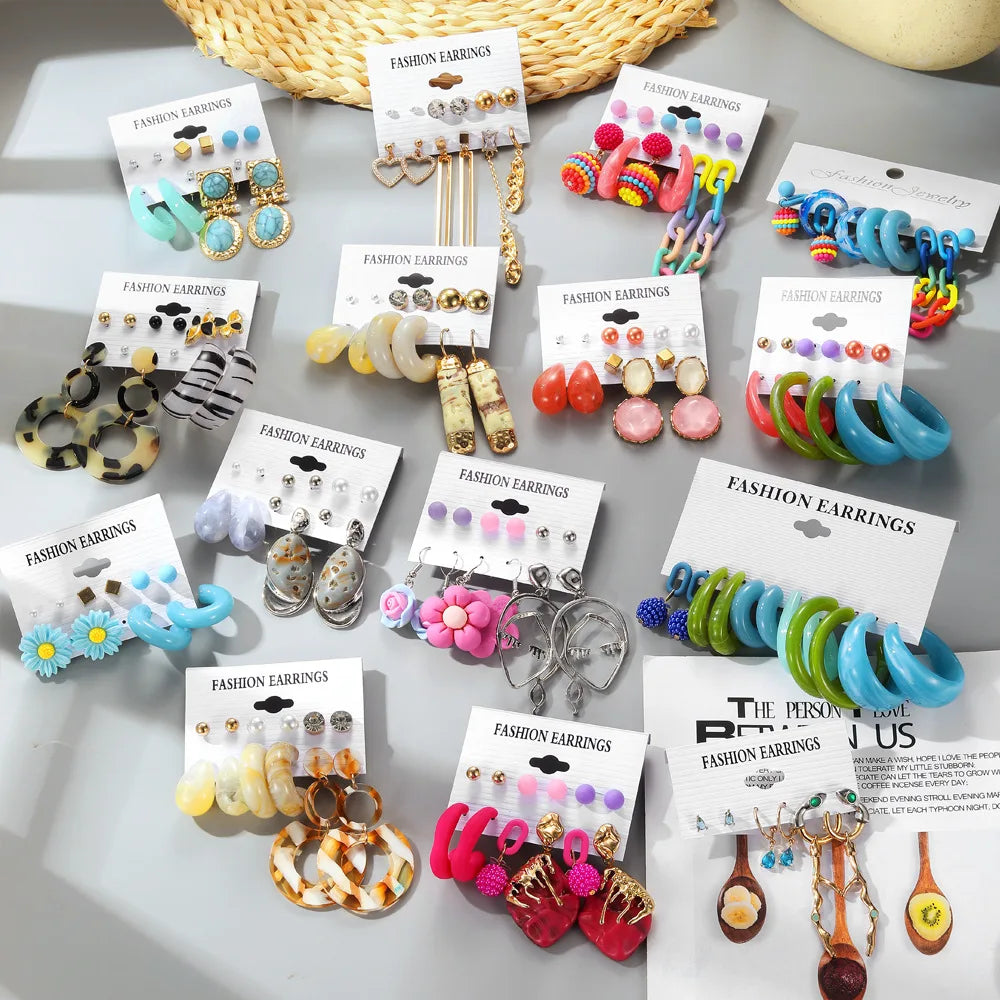 SC Popular Vintage Pearl Stud Earrings Fashion Flower Heart Earrings Retro Colorful Resin Earrings Set for Teen Girls