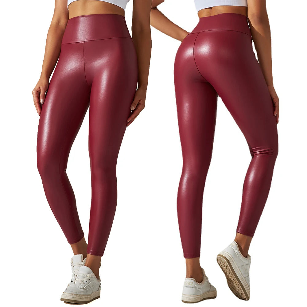 High Waist Gym Sport Tight Compression Imitation Leather Yoga Leggings Pants for Women
