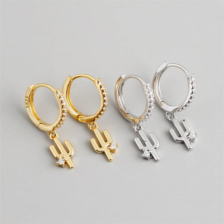 New Fashion Cactus Pendant Zircon Hoop Earrings 18k Gold 925 Sterling Silver Simple Hoop Earring Women Summer Jewelry