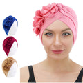 Boho Ruffle Knotted Plain Color Fashion Headwrap Turban for Ladies Chemo Sleeping Cap With Flower