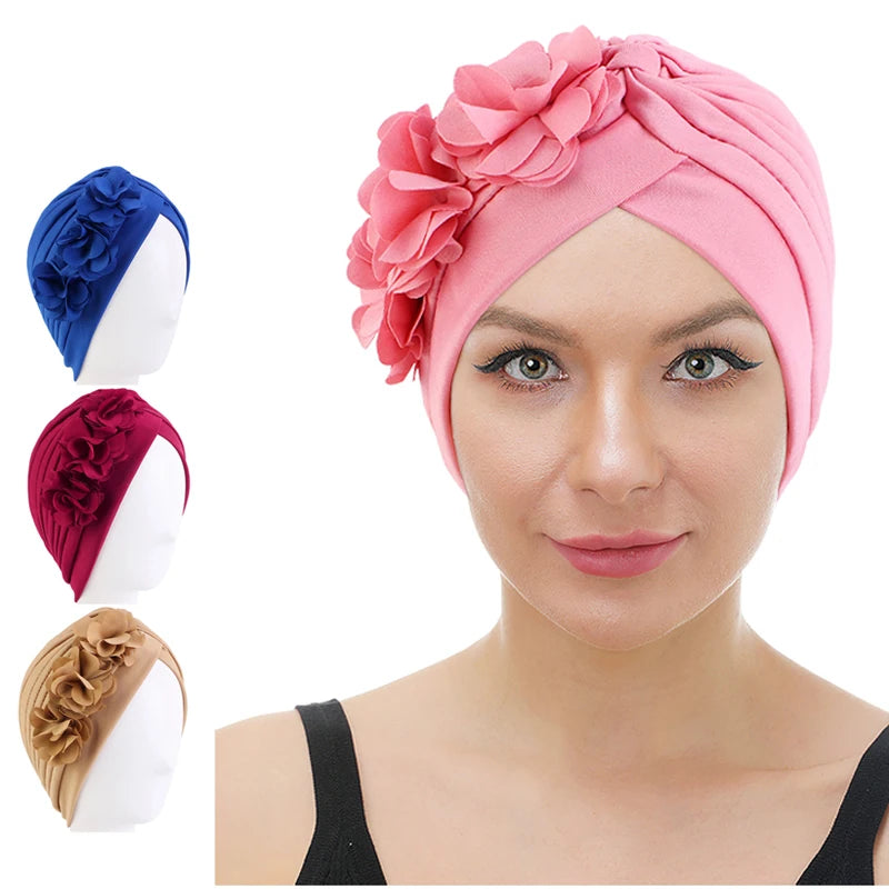 Boho Ruffle Knotted Plain Color Fashion Headwrap Turban for Ladies Chemo Sleeping Cap With Flower