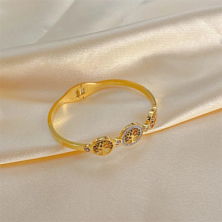 Delicate Hollow Beangle Gold Plated Zircon Life Tree Bangle Bracelets Jewelry