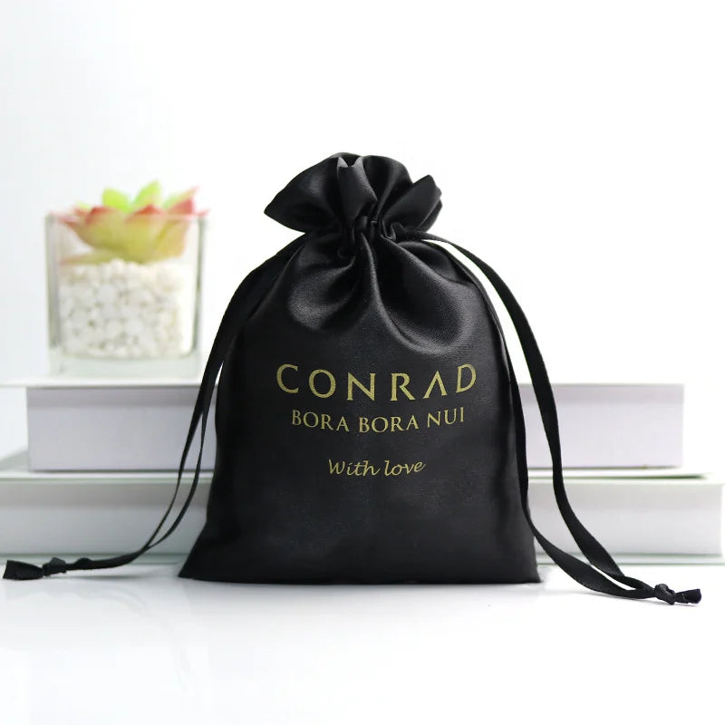 Garment Washing Satin Dust Bag With Drawstring Custom Black Logo Printed Satin Underwear Bags