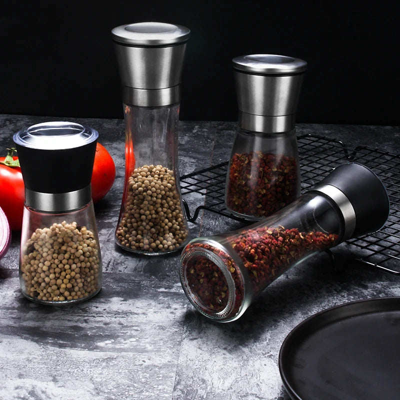 Adjustable Stainless Steel Manual Pepper Grinder Mill Kitchen Gadget Glass Spice Bottle for Salt and Pepper Metal Construction
