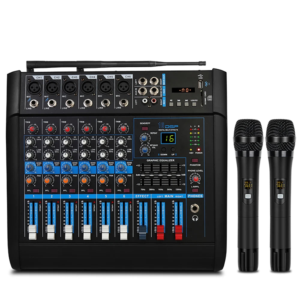 Biner GM7X Professional 350W+350W Audio Power Amplifier With 2 Wireless Microphones 6 Channel Powered Audio Mixer MegaBDM
