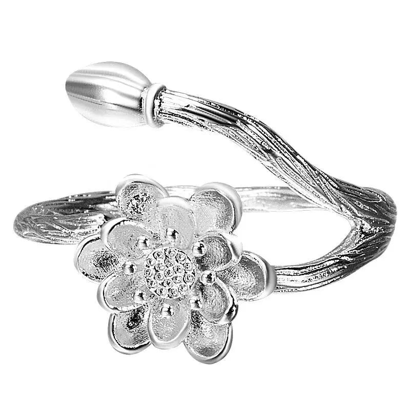 Wholesale Lotus Flower Silver Plated Ring for Women Fashion Jewelry Adjustable Rings