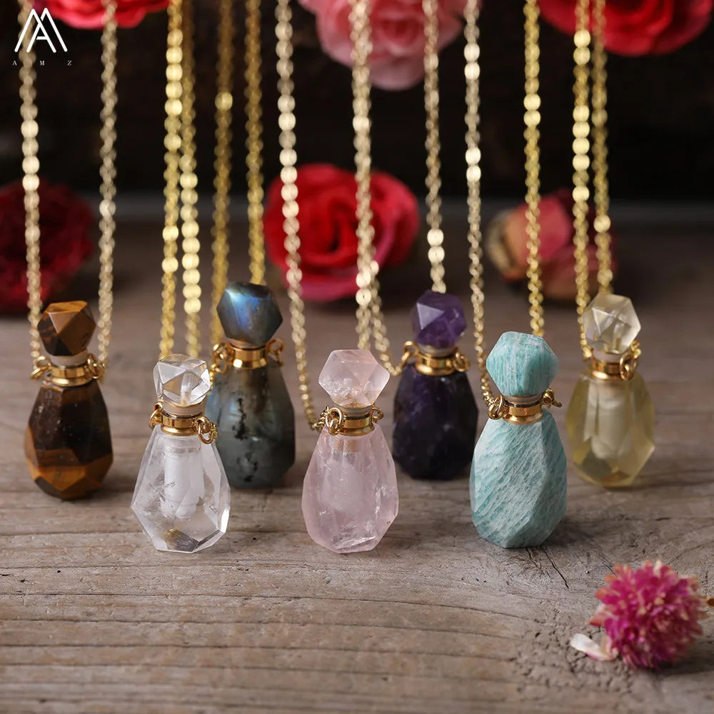 Classic Vial Necklace Gold Chain Jewelry Gifts  Healing Crystals Natural Stone Faceted Perfume Bottle Pendant Necklace
