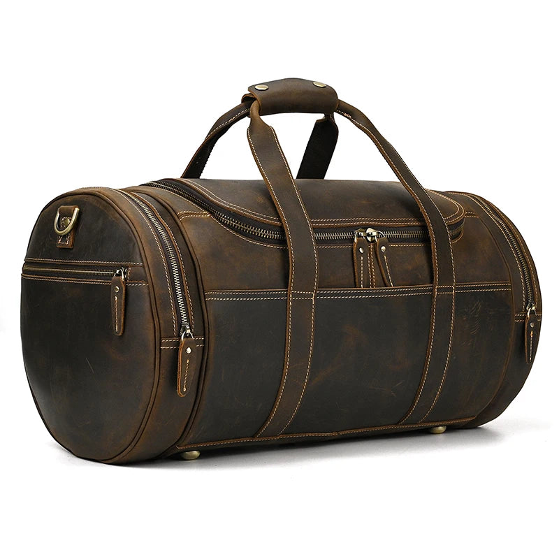 High Quality Luxury Vintage Mens Travel Luggage Bag Traveling Cowhide Leather Duffle Bag for Men Travel Weekend