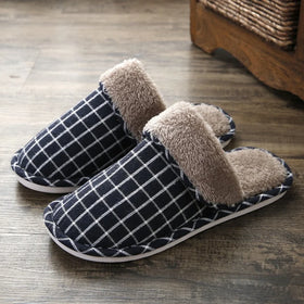 Unisex Winter Fluffy Plush Checked Anti-Slip Closed Toe Fur Warm Indoor Home for