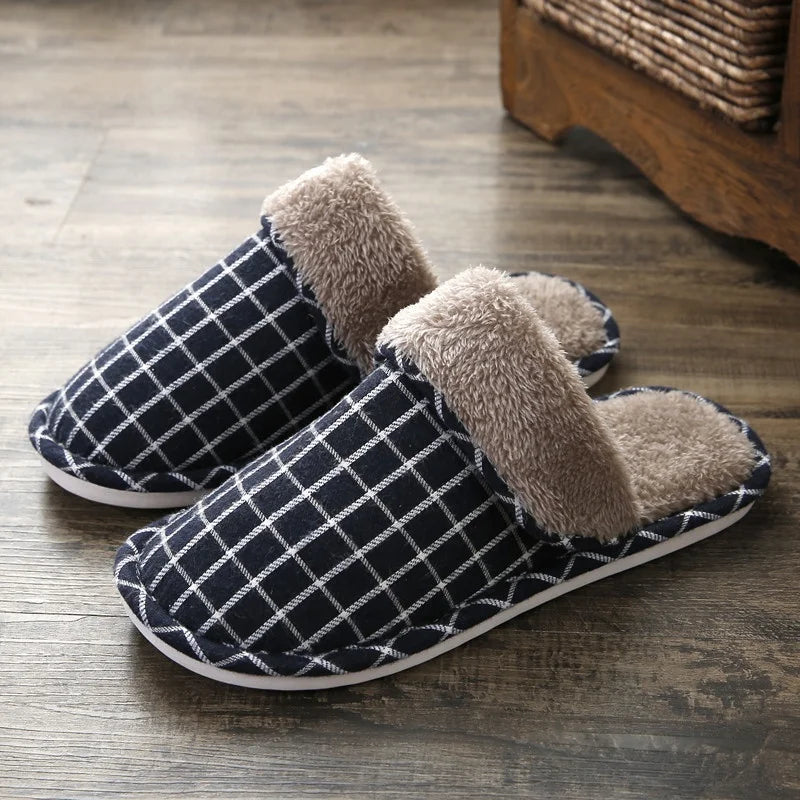 Unisex Winter Fluffy Plush Checked Anti-Slip Closed Toe Fur Warm Indoor Home for