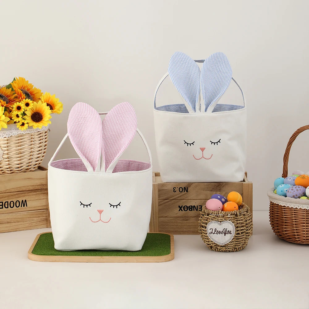 Cute Bunny Storage Basket Durable Seersucker Fabric Easter Bags Gift Home Kids Room Easter Basket With Embroidered Face Ears