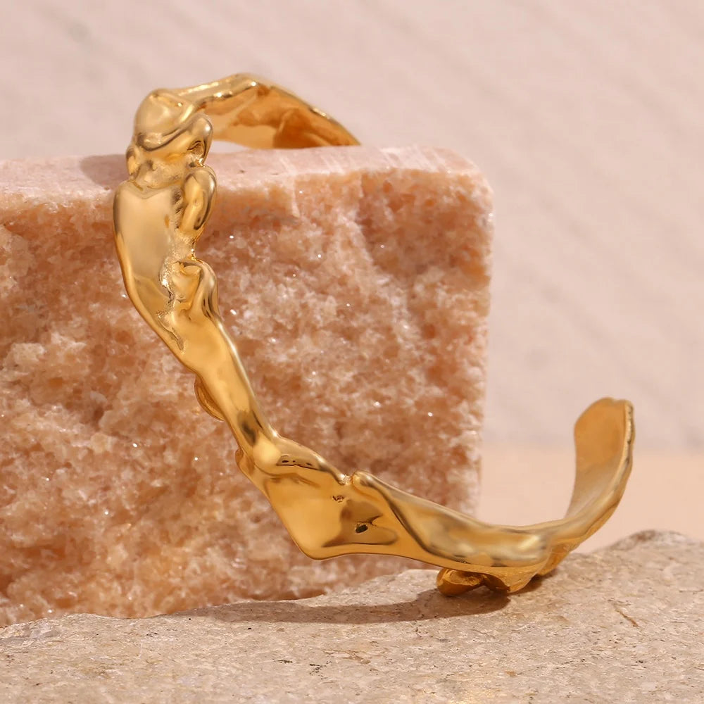 Dreamshow Irregular Hammered Water Wave Cuff Bangle 18k Gold Plated Jewelry Stainless Steel Bangles Jewelry Women