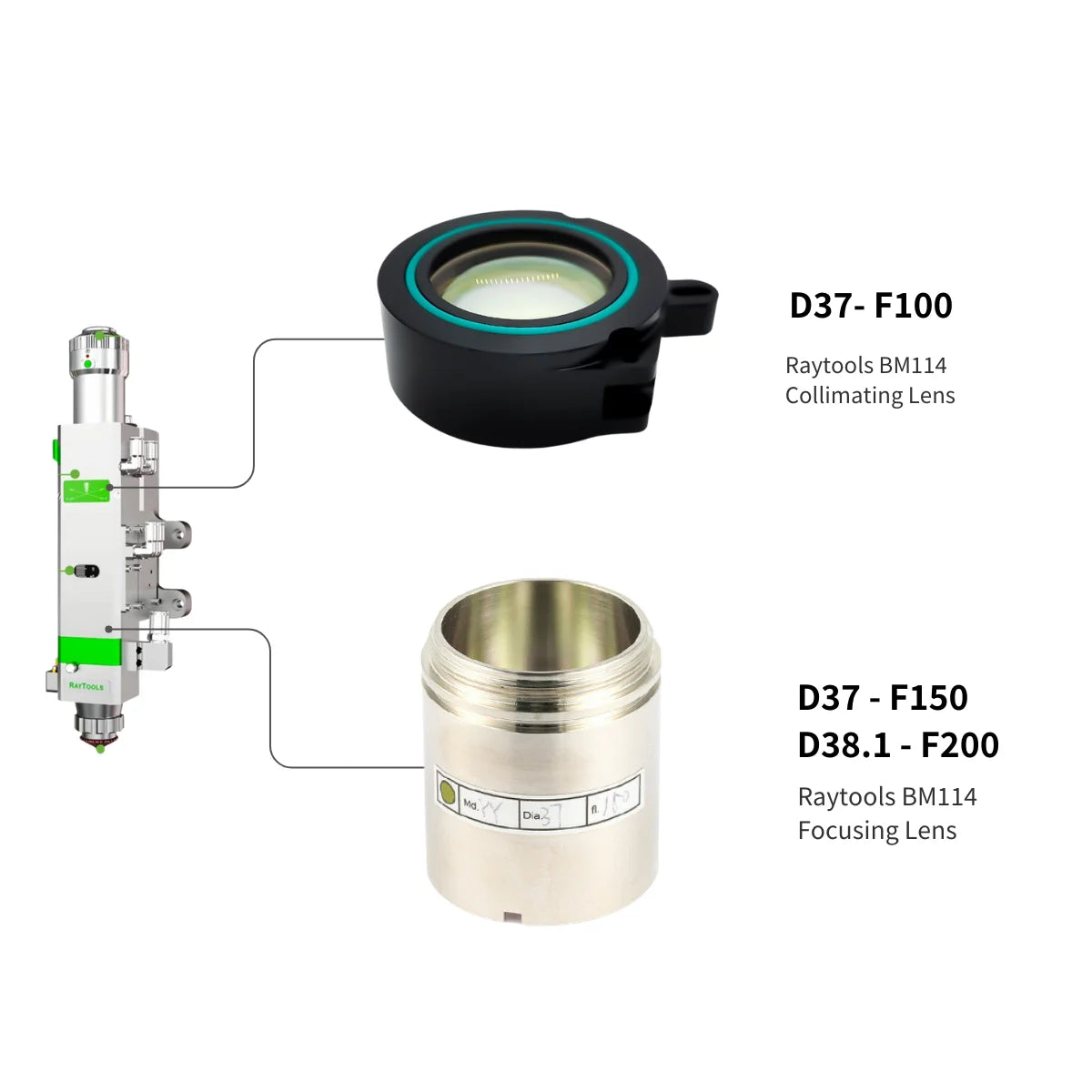 Raysoar BM114 D37 F150 D38.1 F200 Laser Focus Collimating Lens Assembly 120A30700A for Raytools BM114 Laser Fiber Laser Head