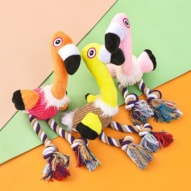 Plush Flamingo Dog Toy - with Cotton Rope Squeaky & Chew-Resistant for Teething Interactive Play