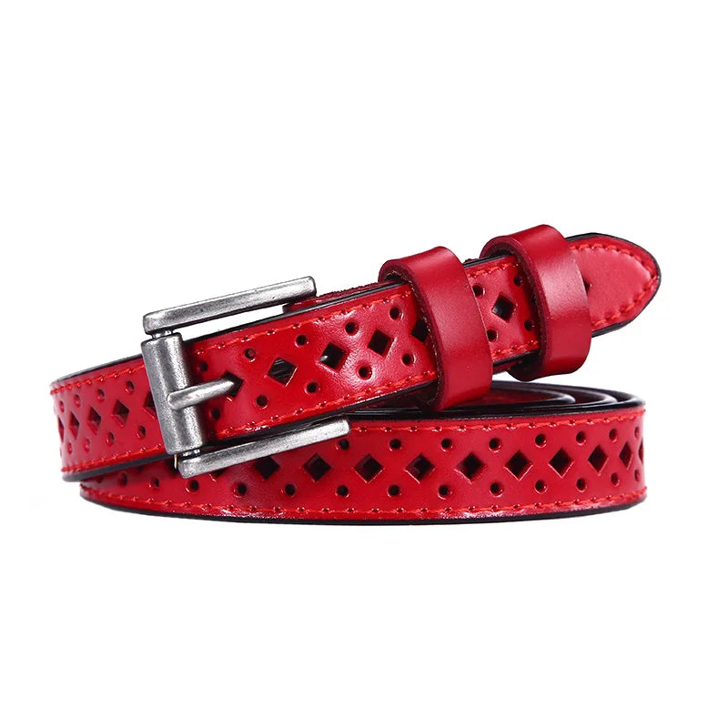 Wholesale Elegant Women's Genuine Cow Hide Leather Waist Belt Thin with Alloy Buckle and Hollowed Out Pinhole for Daily Use